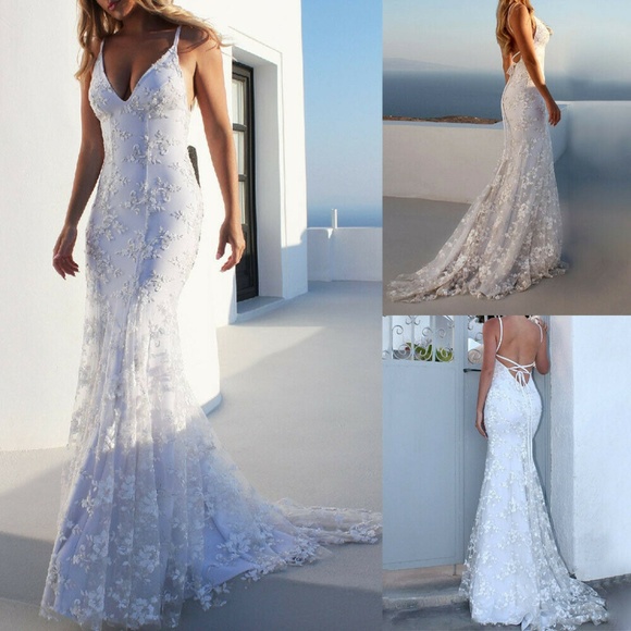 Backless Lace Deep V Neck Sleeveless Long Party Dr - Picture 6 of 6